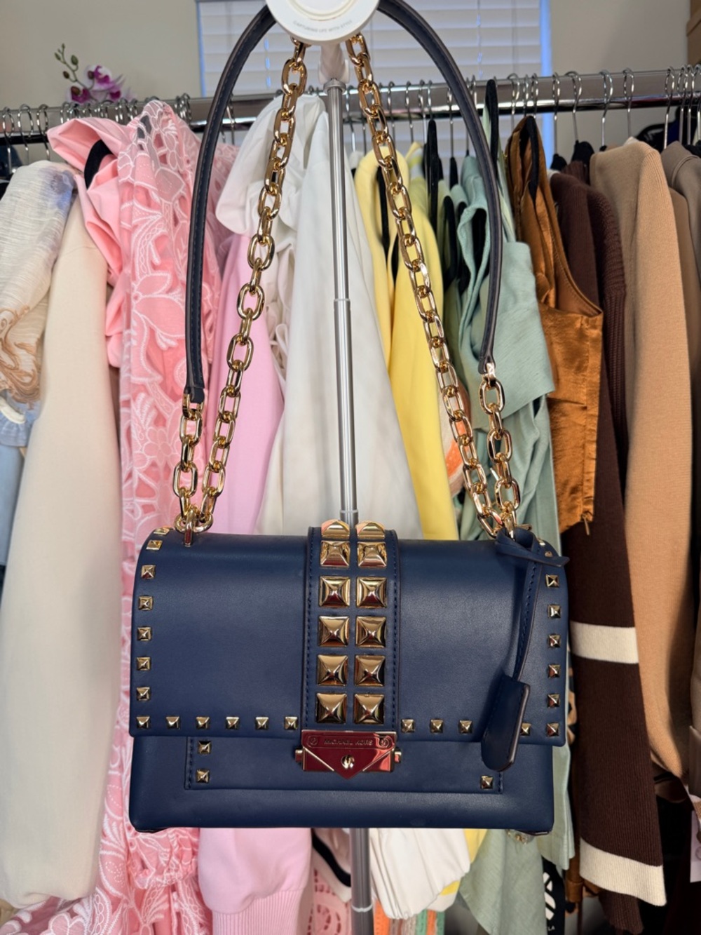 Michael Kors CECE MEDIUM Navy Blue Shoulder/crossbody Bag with Gold Studs &Chain